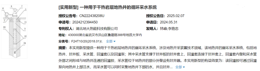 地大熱能取得用于干熱巖層地熱井的循環(huán)采水系統(tǒng)專利，提高干熱巖層地熱井的熱能采集效率